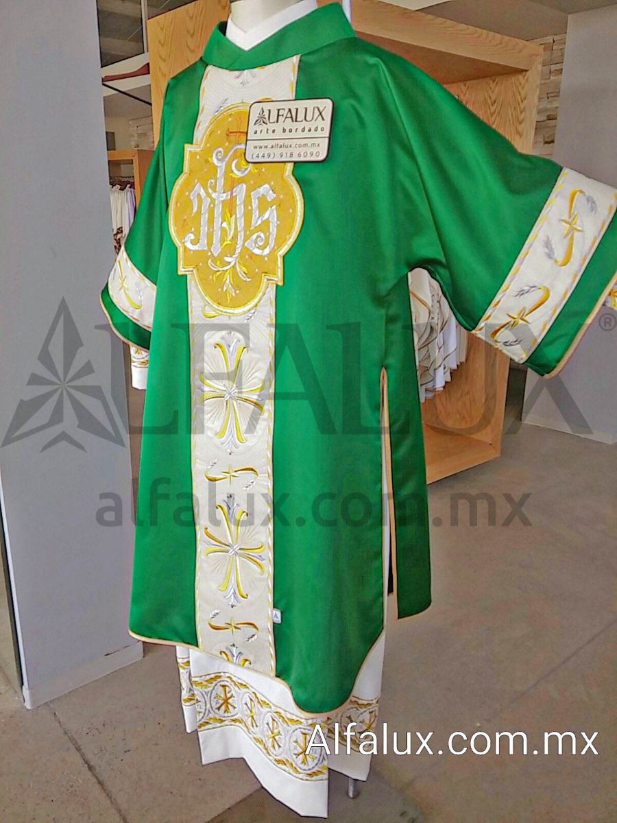 08 SAN ANTONIO Verde Bandera DALMATICA Brocado Mangas Medallon JHS